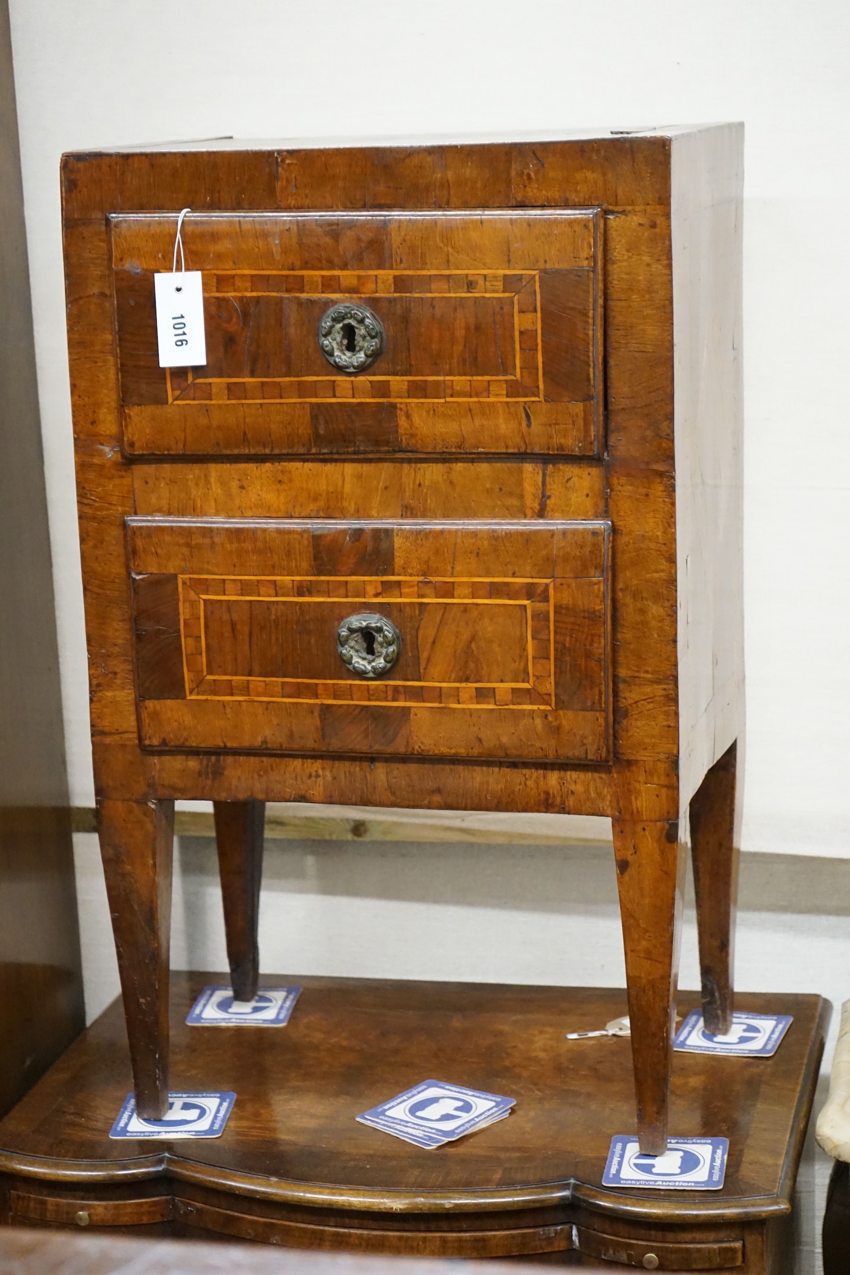 An 18th century North Italian banded walnut two drawer chest, width 48cm, depth 31cm, height 80cm